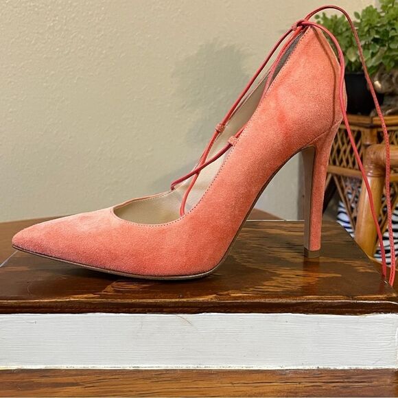 Clef Genuine Suede Leather Stiletto Pumps Made in Italy Coral Ankle Lace - Picture 5 of 13